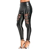 Nihsatin Fishnet Trim Lace Up PU Leather Pants Thin Lightweight Gothic Punk Leggings for Women