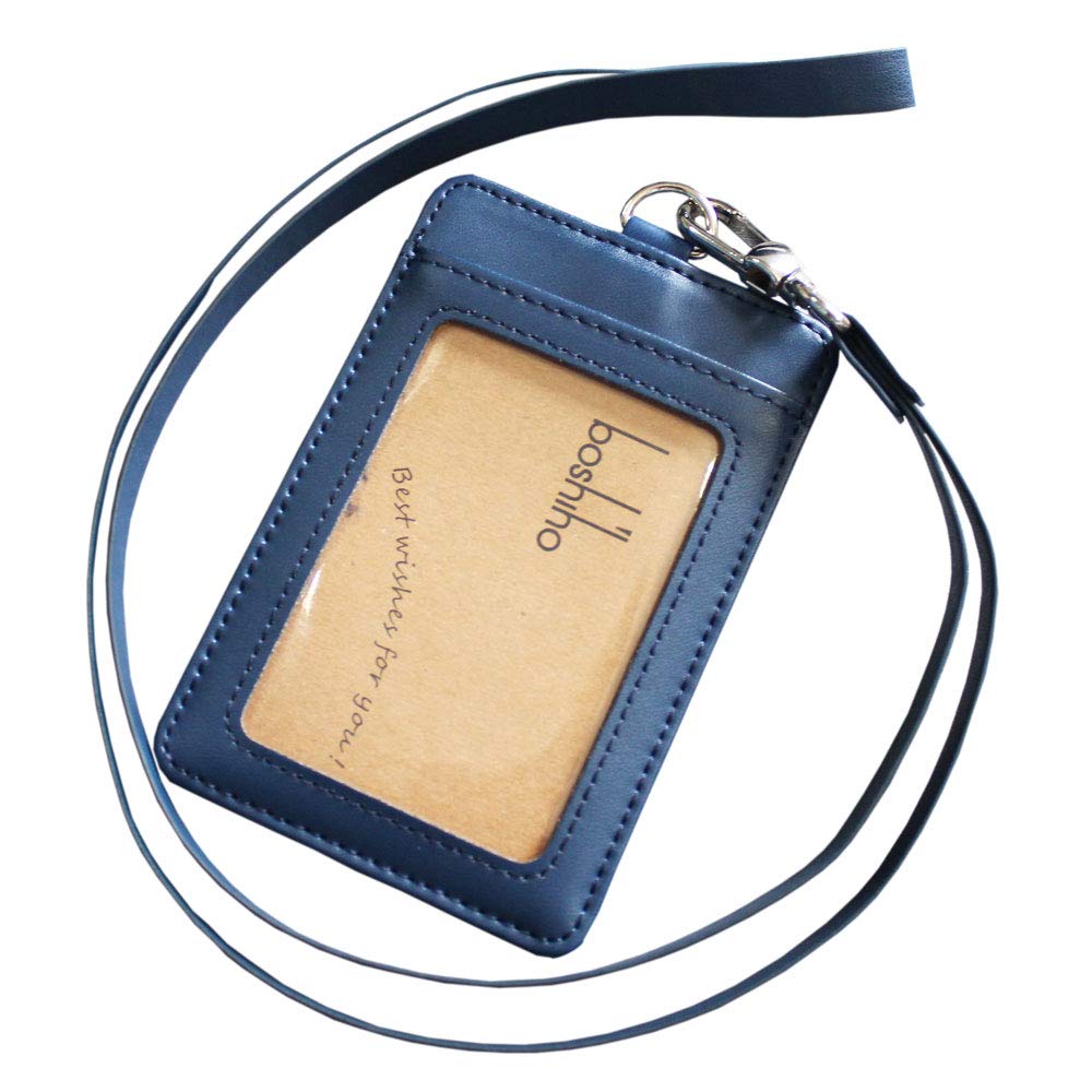 Boshiho Leather ID Card Badge Holder with Heavy Duty PU Leather Lanyard Neck Strap (V-Blue) — image 1