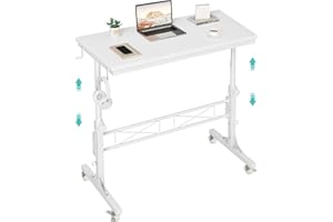 WINAZ Small White Rolling Standing Desk with Wheels, 32 Inch Small Portable Adjustable Height Mobile Stand Up Desks for Treadmill Walking Pad & Teachers, Couch Sofa Side Laptop Table for Bedroom