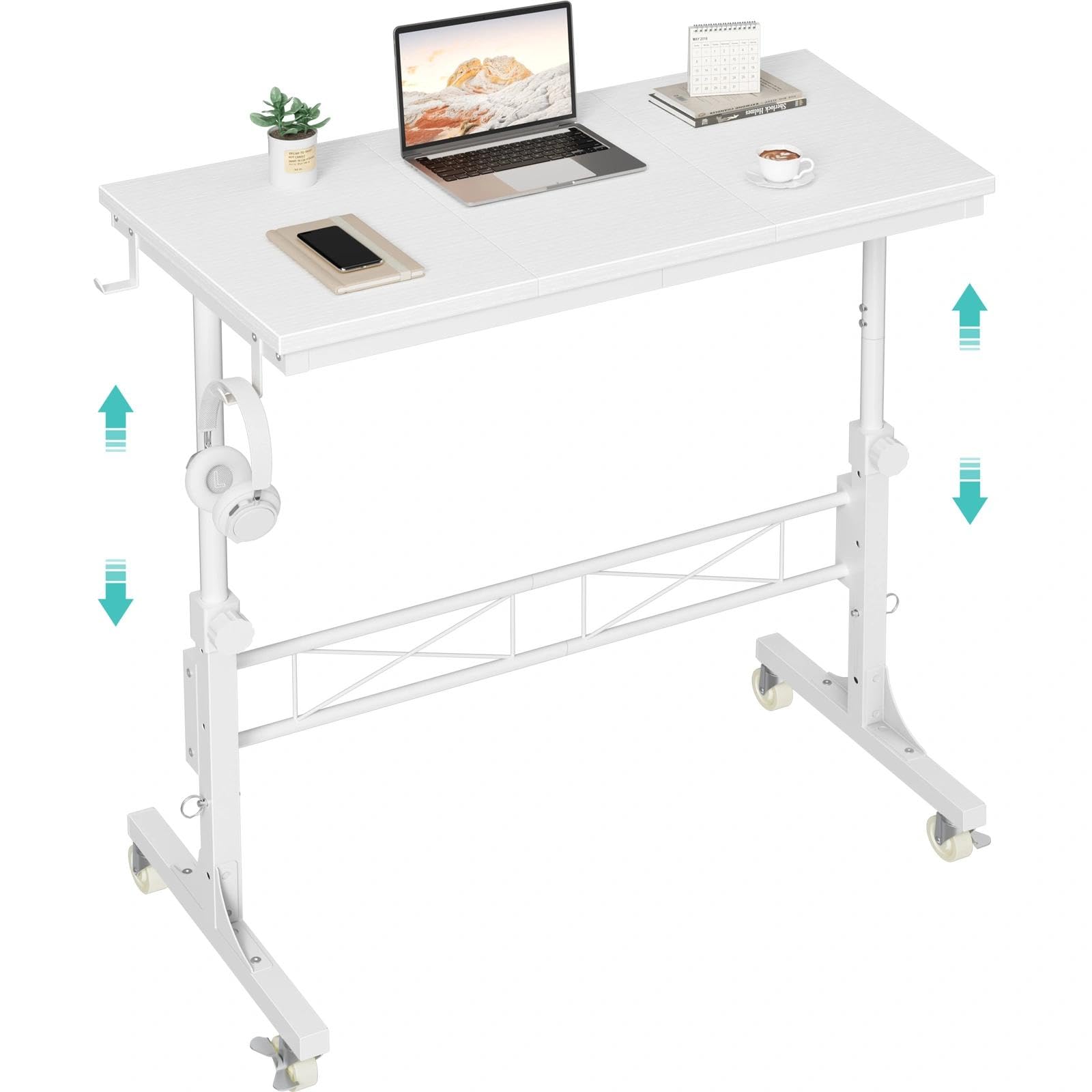 Photo 1 of Small Teacher Rolling Standing Desk - 32 Inch White Portable Adjustable Height Mobile Stand Up Desks with Wheels for Treadmill Walking Pad, Couch Sofa Side Laptop Table for Bedroom, White