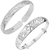Eyixvan 2 Pack Silver Plated Adjustable Bangle Bracelets for Women, Classical Elegant Flower Bangle Set for Women, Jewelry Gift for Her Valentines Day, Mothers Day, Birthday, Anniversary, Christmas