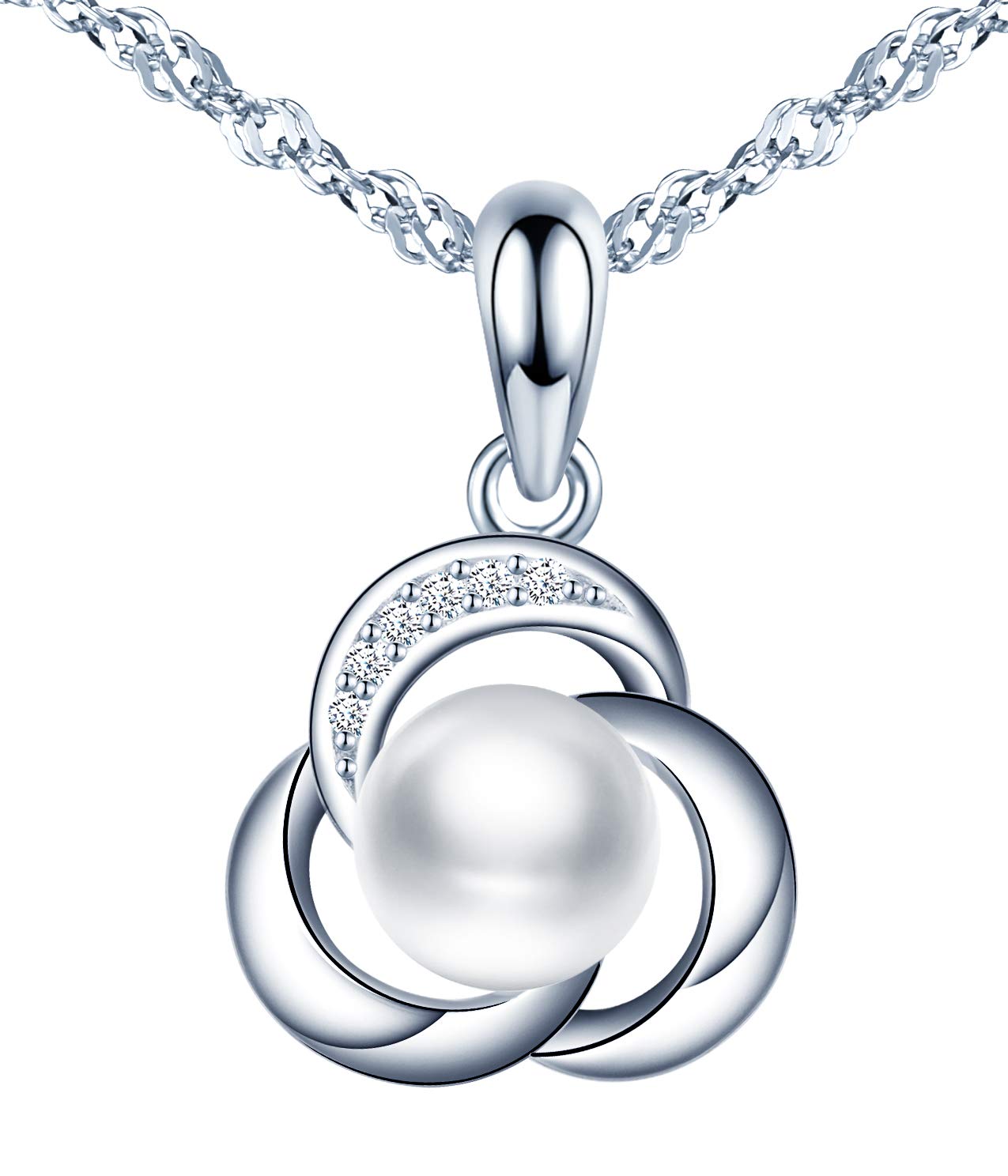 MicLee Women's girl's Sterling Silver Necklace, elegant clover pendant necklace with pearl, decorated with shiny zircons, gift for Birthday, Valentine's Day and Christmas