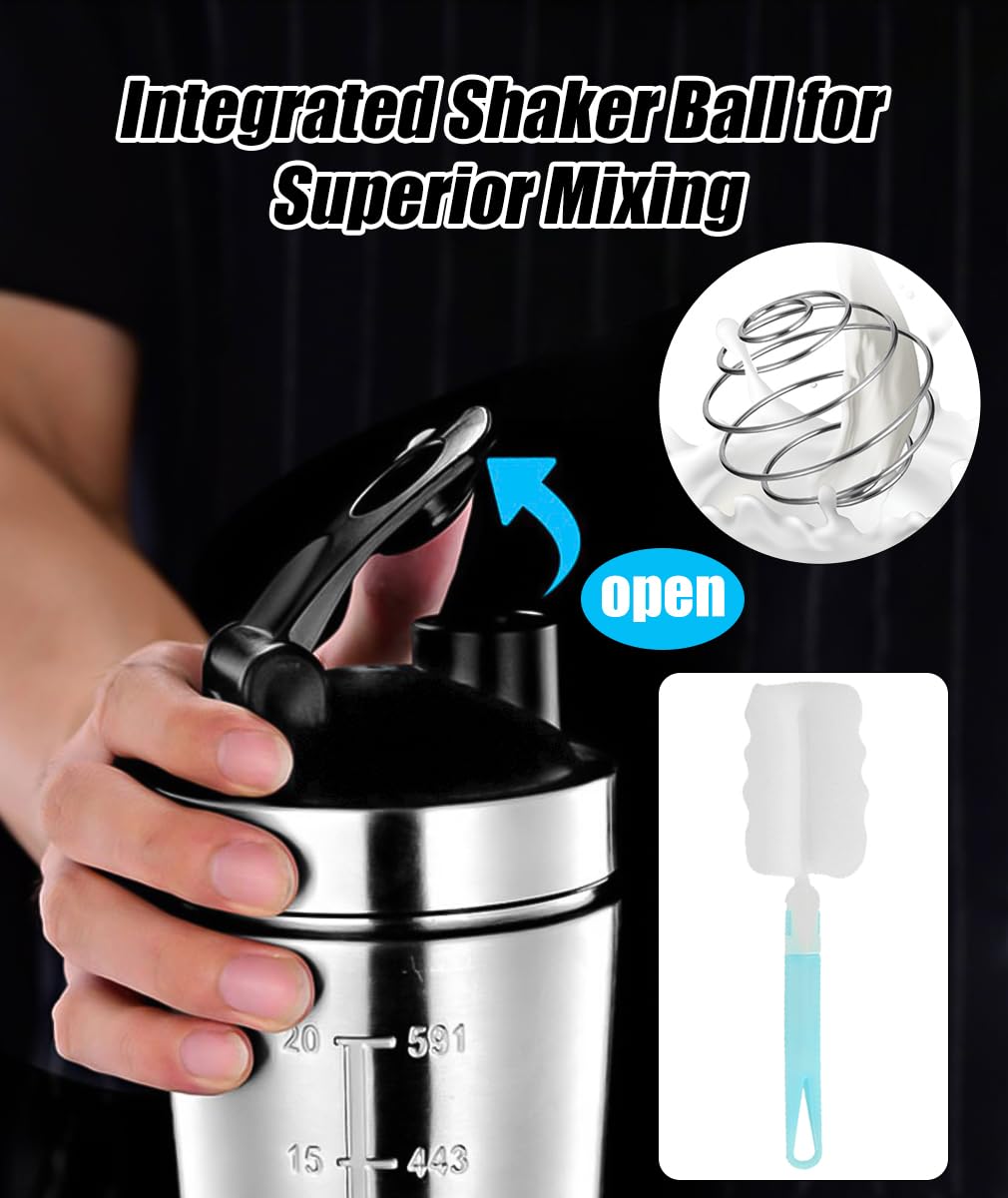 Edelstahl Shaker Proteinshake mit Kugel 750ml Protein Becher Eiweiß Flasche to go Milchshake Blender Metall Bottle, Gym Fitness Sport Shake Schüttler Cup Schüttelbecher Trinkflasche Spülmaschinenfest 5