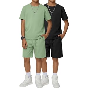 JoyMotion 2 Pack Boy's 2 Piece Short Outfits | Crew Neck Shirts, Shorts Sets, Summer Casual Clothes, Solid, for Teen Boys 5-1