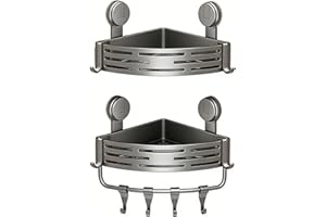 Shower Corner Shelf 2 Tiers, No-Drill Suction Cup Wall Organizer, Rustproof ABS Triangular Caddy with Hooks, Quick Install St