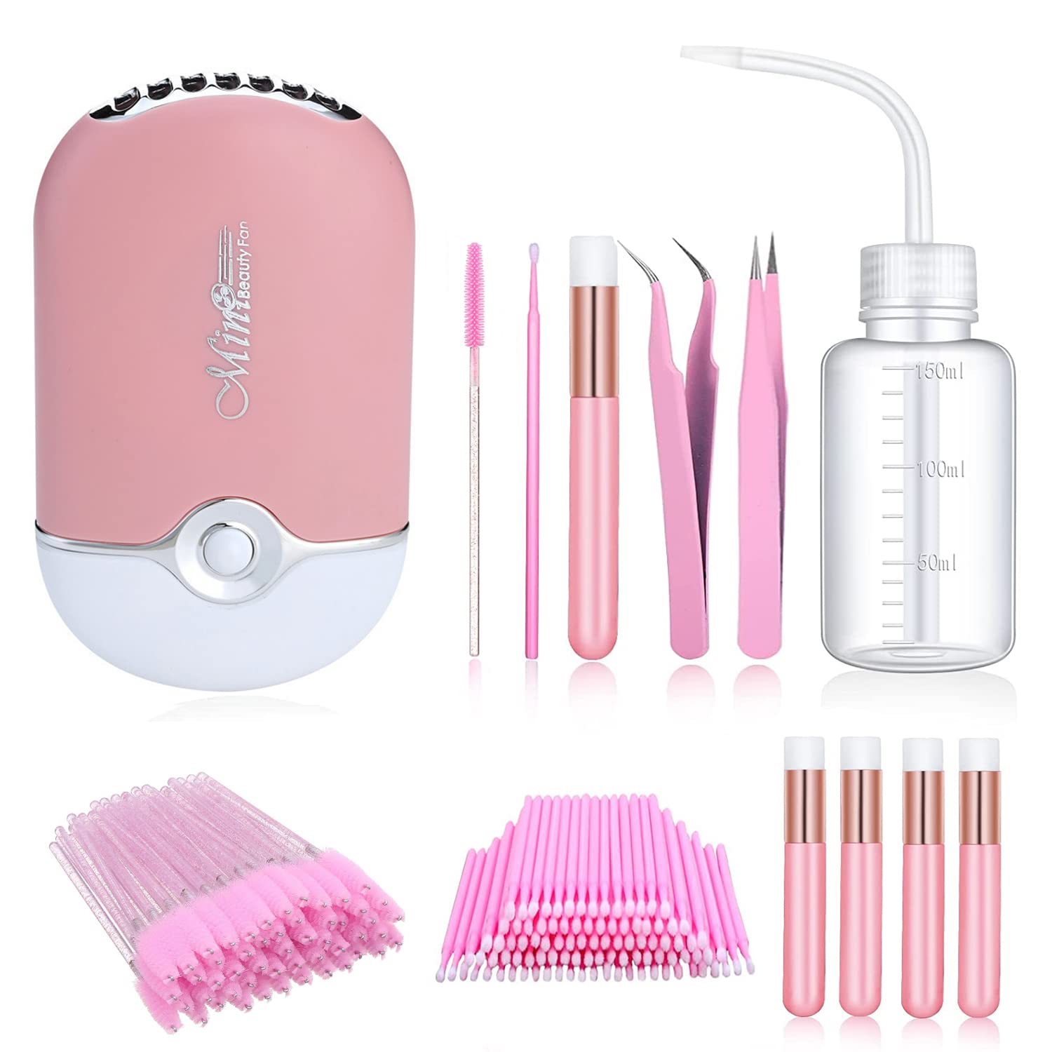 Aussido 159 PCS Eyelash Fan Set Lash Fan for Eyelash Extension Dryer, Lash Shampoo Brushes,Plastic Wash Squeeze Bottle,Disposable Eyelash Mascara Brushes, Micro Applicator Brushes and Tweezers, Pink