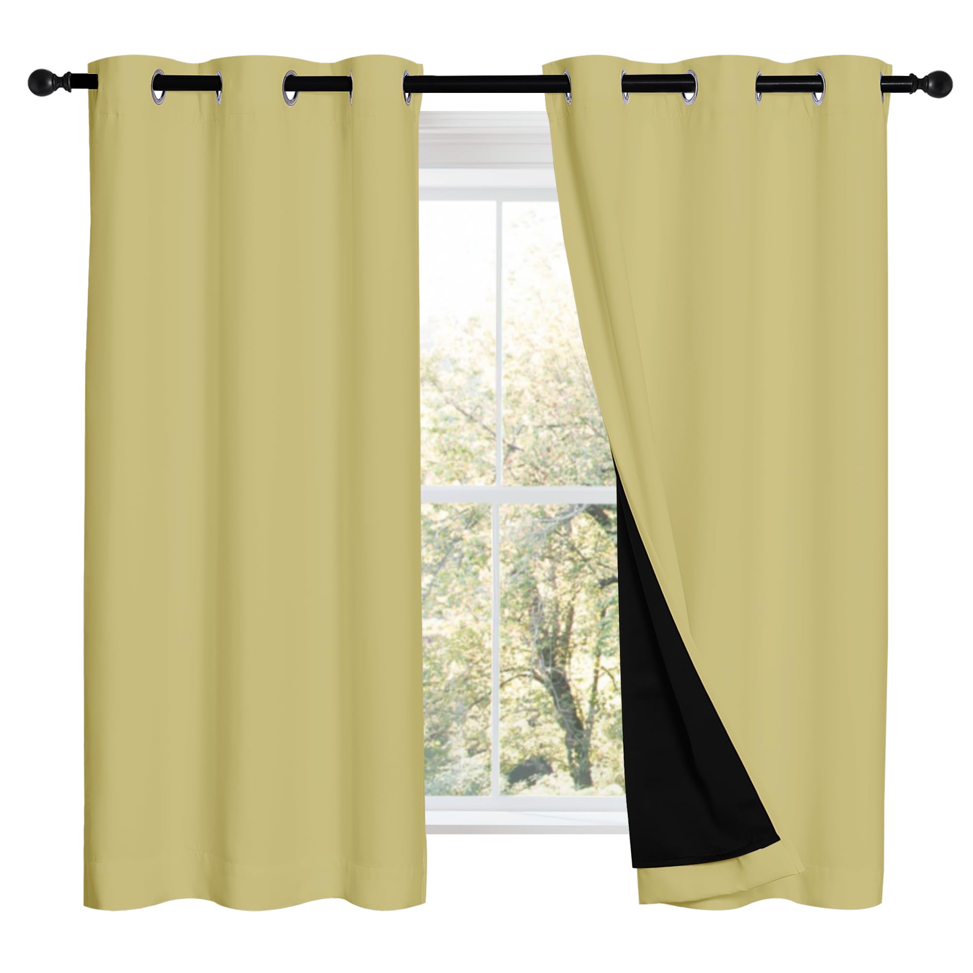 NICETOWN Paler Yellow 100% Blackout Curtains 2 Panels with Black Liners, Thermal Insulated Full Blackout 2-Layer Lined Drapes, Noise Cancellation Window Draperies for Dining Room (42" W by 54" L) Image