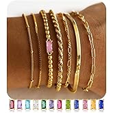 M MOOHAM Valentines Gifts for Her - Gold Birthstone Bracelets Stack for Women, 14K Real Gold Plated Beaded Bracelets Rope Paperclip Chain Bracelet Non Tarnish, Friendship Birthday Jewelry Gifts