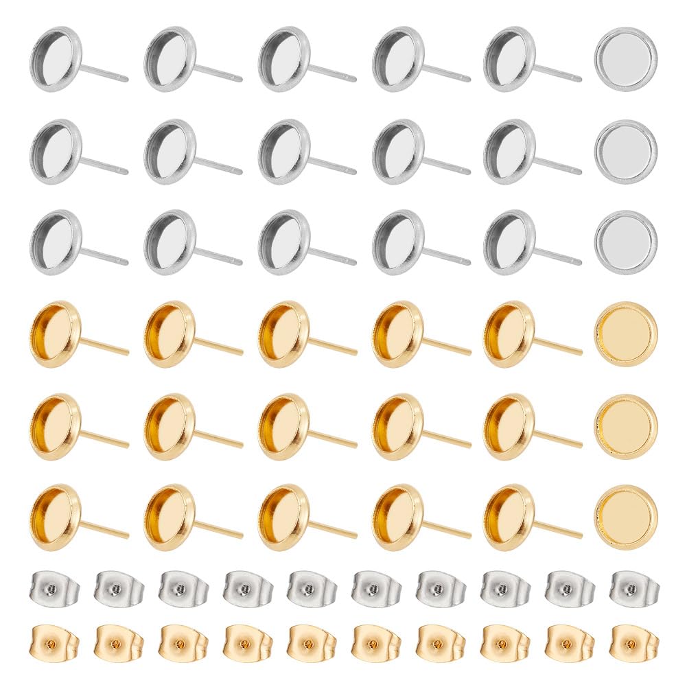 UNICRAFTALE 40pcs 2 Colors Round Blanks Bezel Ear Stud Tray Earring with Ear Nuts 6mm Golden Earring Blank Bezel Stainless Steel Stud Earring for Earring Jewelry Making