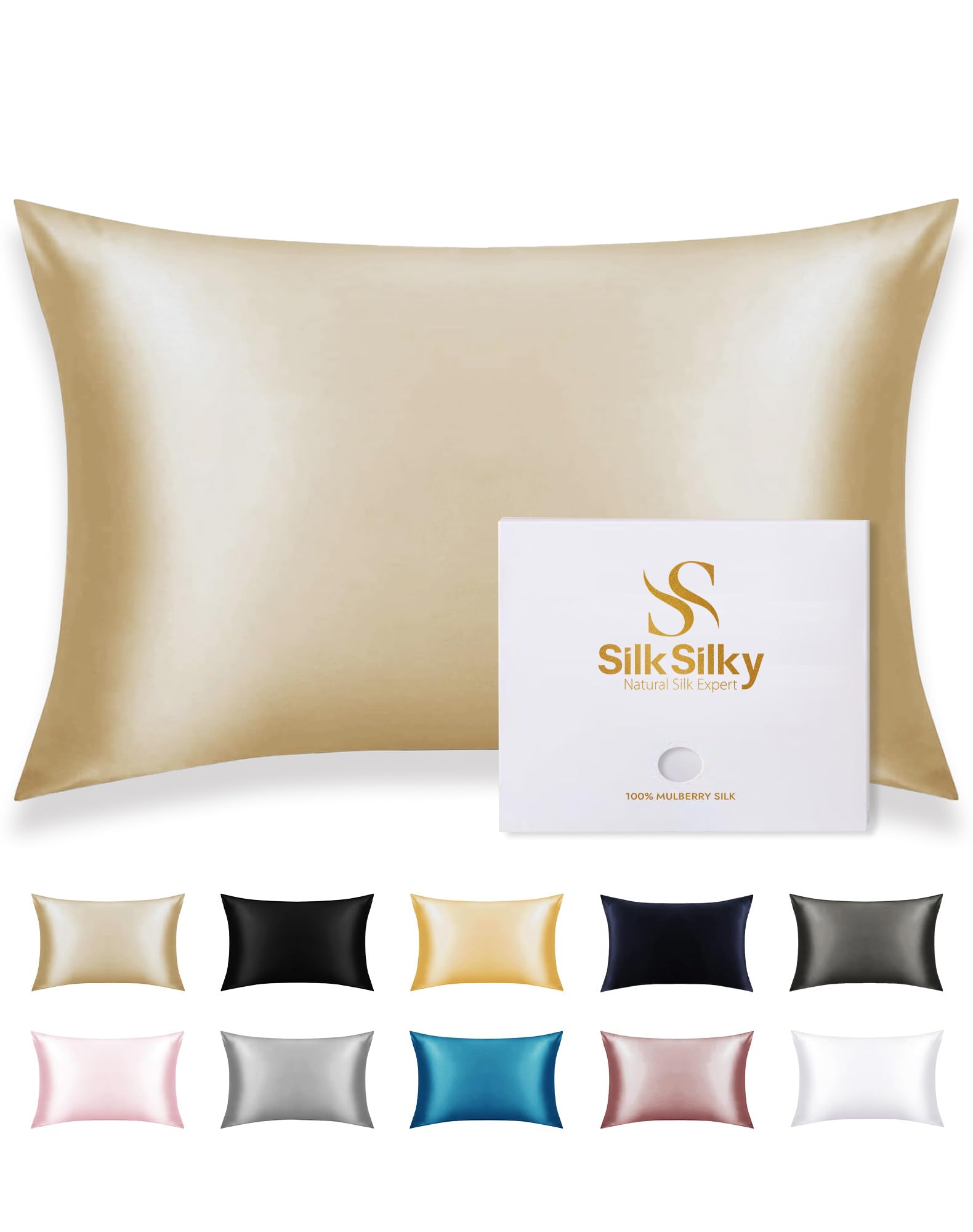Photo 1 of SilkSilky 100% Mulberry Silk Pillowcase - Pure 22 Momme High-Grade 6A Fibers for Hair & Skin, Envelope Closure, Natural, Organic, Breathable & Cooling Pillow Case (Standard, Beige)