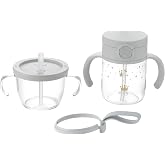 Richell Push Flow Training 5 oz &amp; On-the-Go Sippy Cup 6.7 oz with Silicone Straw and Handles, for baby 6 months+, Crown, in Light Gray (2-pack)