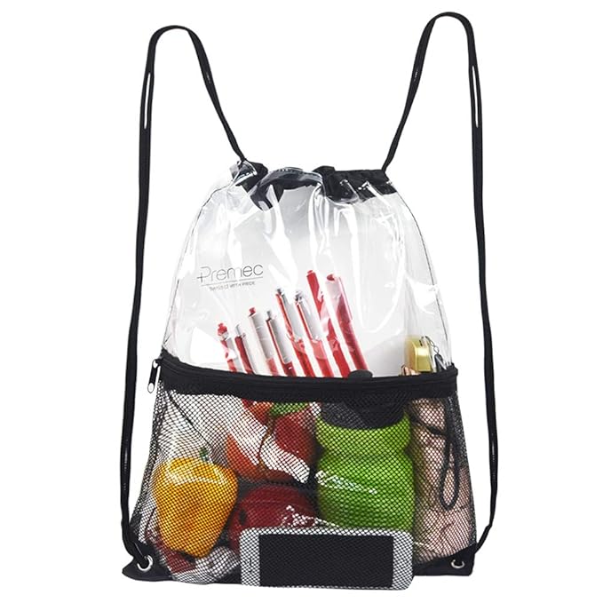 Clear Drawstring Bag, PVC Drawstring Backpack with Front Zipper Mesh