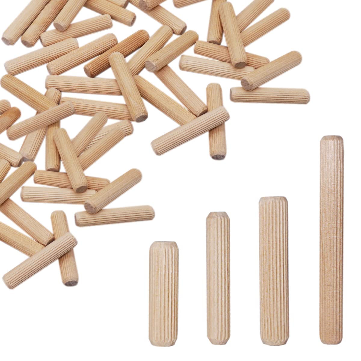(Pack of 50 pcs) Wooden Dowels 8 x 30 mm, Solid Birch Wood Grooved Plugs, Chamfered Pins For Furniture (50, 8 x 30 mm)