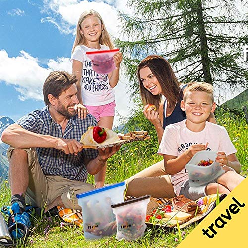 Reusable Silicone Food Storage Bags+Beeswax Wrap/Silicone ziploc containers for Sandwich & more -Leakproof and Completely Plastic-Free & Environment-Friendly/Freezer Dishwasher Safe lunch bag/Set of 5
