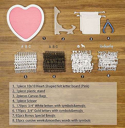 G GAMIT Heart-Shaped Felt Letter Board Message Sign - 10x10 inches Message Board with 465 Changeable White&Golden Letters,Numbers,Cursive Words and Stand for Party,Baby Announcement,Wedding,Pregnancy,Wall&Tabletop Decor (Pink)