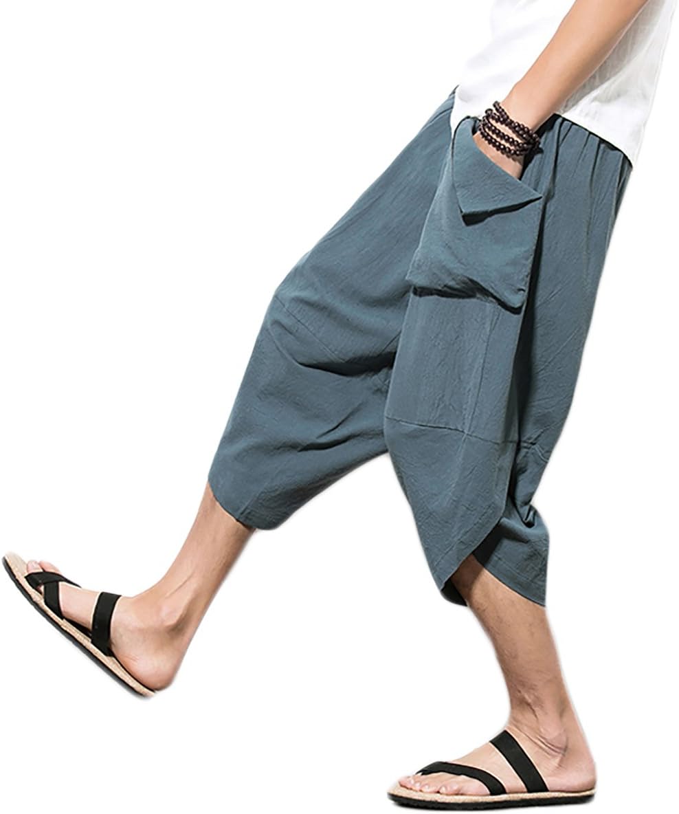Men's Summer Boho Hippie Wide Leg Cotton Baggy Harem Pants Trousers with Pockets