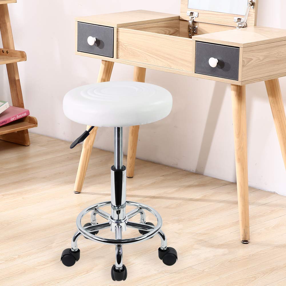 KKTONER PU Leather Modern Round Rolling Stool with Footrest Height Adjustable Spa Drafting Salon Tattoo Work Massage Stools Task Chair Small (White): Kitchen & Dining