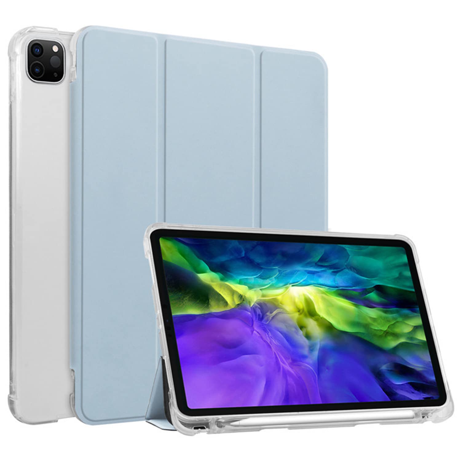 HUEZOE Case Compatible with iPad Pro 11 Inch, Model 2021/2020/2018, Soft TPU Transparent Back Cover Flip Stand Protective Case with Pen Holder, Auto Sleep/Wake, White