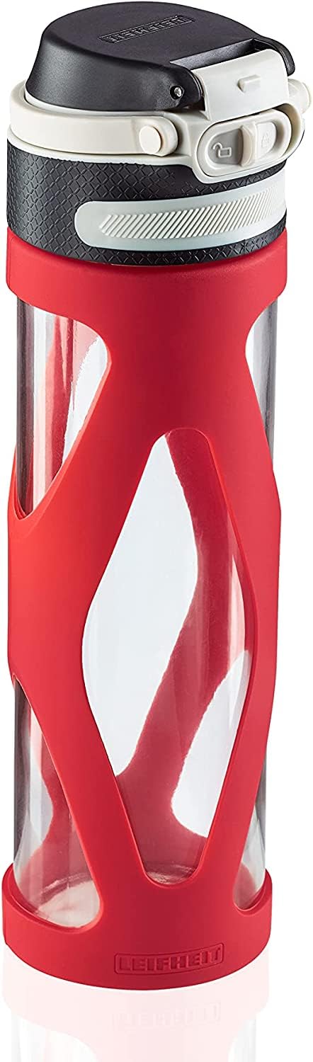 Leifheit Flip Glass Bottle 600 ml, 100% Leak-Proof Sports Bottle, Convenient One Hand Opening, Drinking Bottle with Filter for Fruit Infuser, Sustainable Water Bottle, BPA-, Shockproof, Red