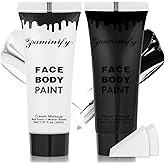 Paminify Black White Face Body Paint 1.01 oz/pc with 2 Sponges,Water Based Cream Face Paint for Clown Zombie Vampire Skeleton Cosplay Makeup,Halloween SFX Makeup Face Painting Kit,2.02 oz