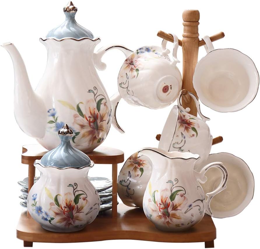 OTENGD Porcelain Tea Cups and Saucer 16 Pieces Sets, 5.4 oz Cups and Teaspoon, with Teapot Sugar Bowl Cream Pitcher and Wood Stand, for Afternoon Tea Party