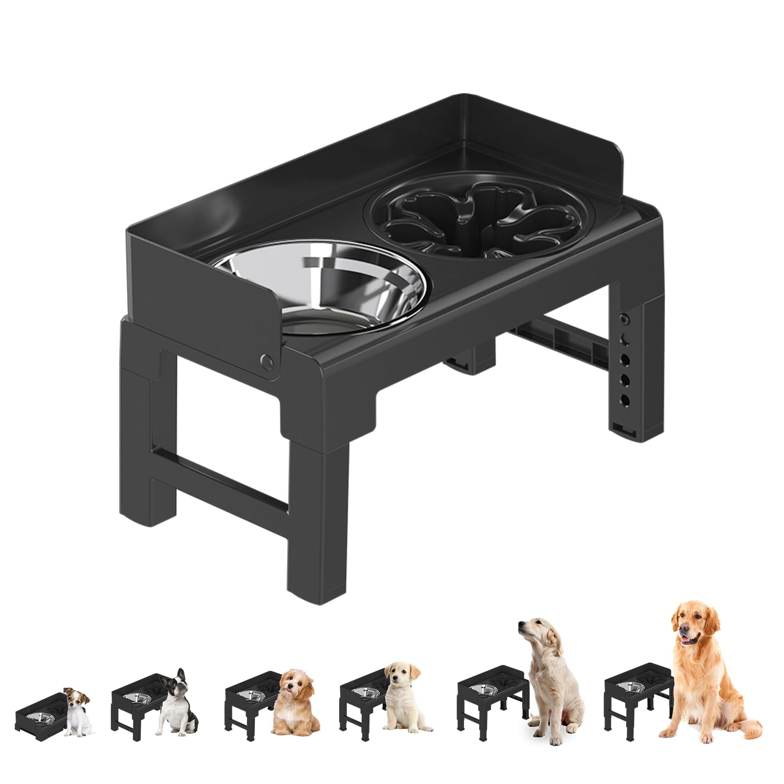 Photo 1 of PAKEWAY Elevated Dog Bowls, Spill Proof, Tiltable Dog Feeder with 1 Stainless Steel Bowls &1 Slow Feeder, 6 Height Adjustable Raised Stand for Medium Large Dogs
