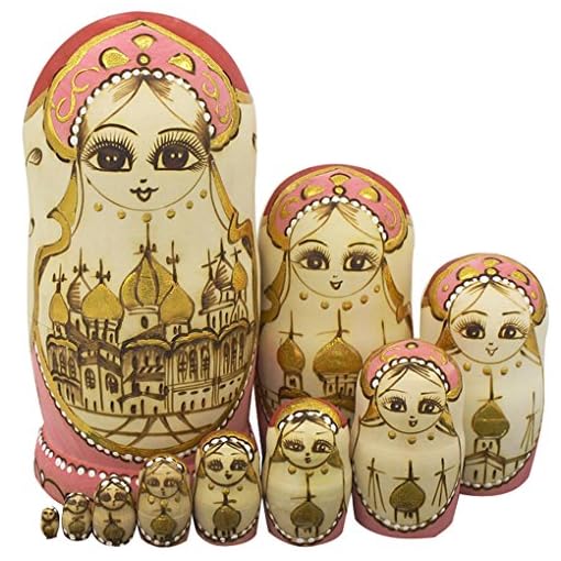 Winterworm Cute Handmade Wooden Traditional Russian Girl in Moscow Kremlin Traditional Russian Nesting Dolls Matryoshka Dolls Set 10 Pieces for Kids Toy Home Decoration