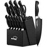 Amorston Knife Set 15 Piece Kitchen Knife Set with Block | Built in Sharpener, German Stainless Steel, Dishwasher Safe, Black Kitchen Knives Complete Set, For Home Cooking &amp; Gifting