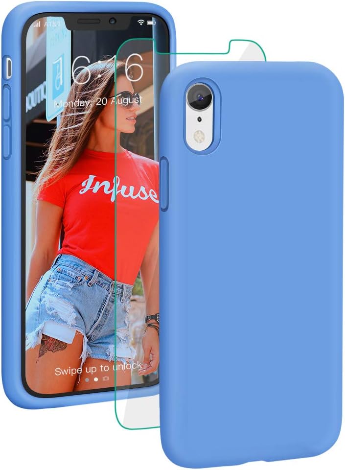 ProBien Case for iPhone XR, Silicone Gel Rubber Shockproof Shell with Free Tempered Screen Protector for New iPhone XR 2018 (6.1")-Blue
