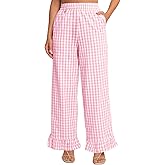 Flygo Women's Gingham Pants Y2K Cotton Wide Leg Ruffle Hem Lounge Pants Plaid Elastic Wasited Trouser with Pockets