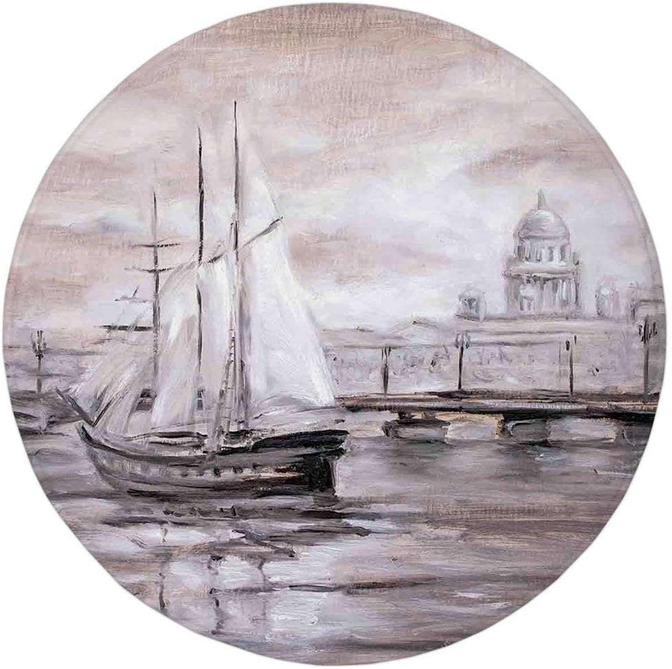 Round Rug Mat Carpet,Country Decor,Retro Vintage Style Painting of a Sailing Boat Ship Moving by the Sea near City Town Art Print,Grey,Flannel Microfiber Non-slip Soft Absorbent,for Kitchen Floor Bath