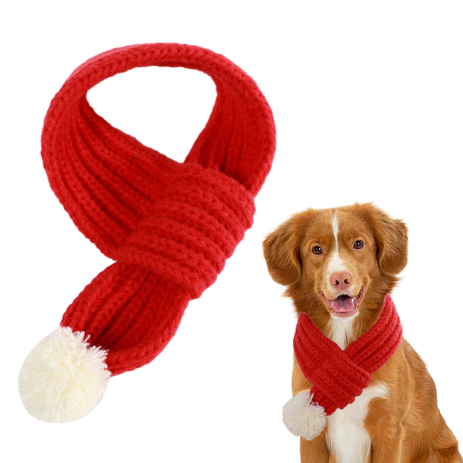 1Pcs Cat Dog Christmas Outfit - Knitted Red Scarf, Santa Scarf Bandanas with Fuzzy Pompom for Xmas Winter Pet Puppy Cat Costume Accessories