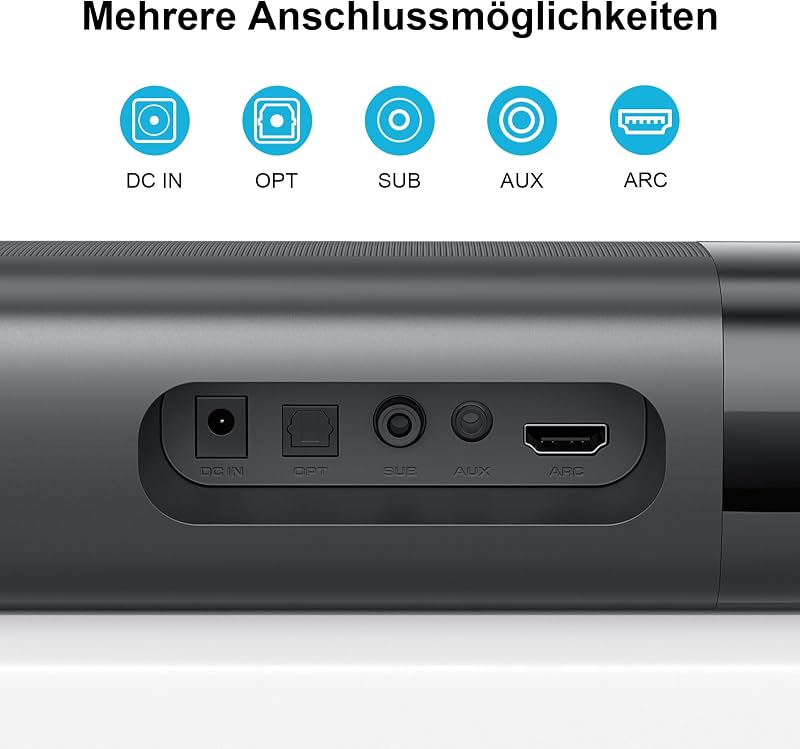 Soundbar mit Subwoofer, 110W Surround Sound System mit Deep Bass&Auto Volume Boost&3 EQ Modi, Bluetooth 5.3/ARC/Opt/AUX, Standlautsprecher für Fernseher/PC/Projector, 1 Set — Foto 7 von 8