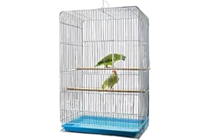 FONTSATTY Parakeet Bird Cage, 23.6-inch Wire Birdcage Hanging Bird House with Bird Feeder Waterer Stand, Bird House Accessories for Budgie Parakeets Finches Canaries Lovebirds Small Parrots Cockatiels (Blue01)