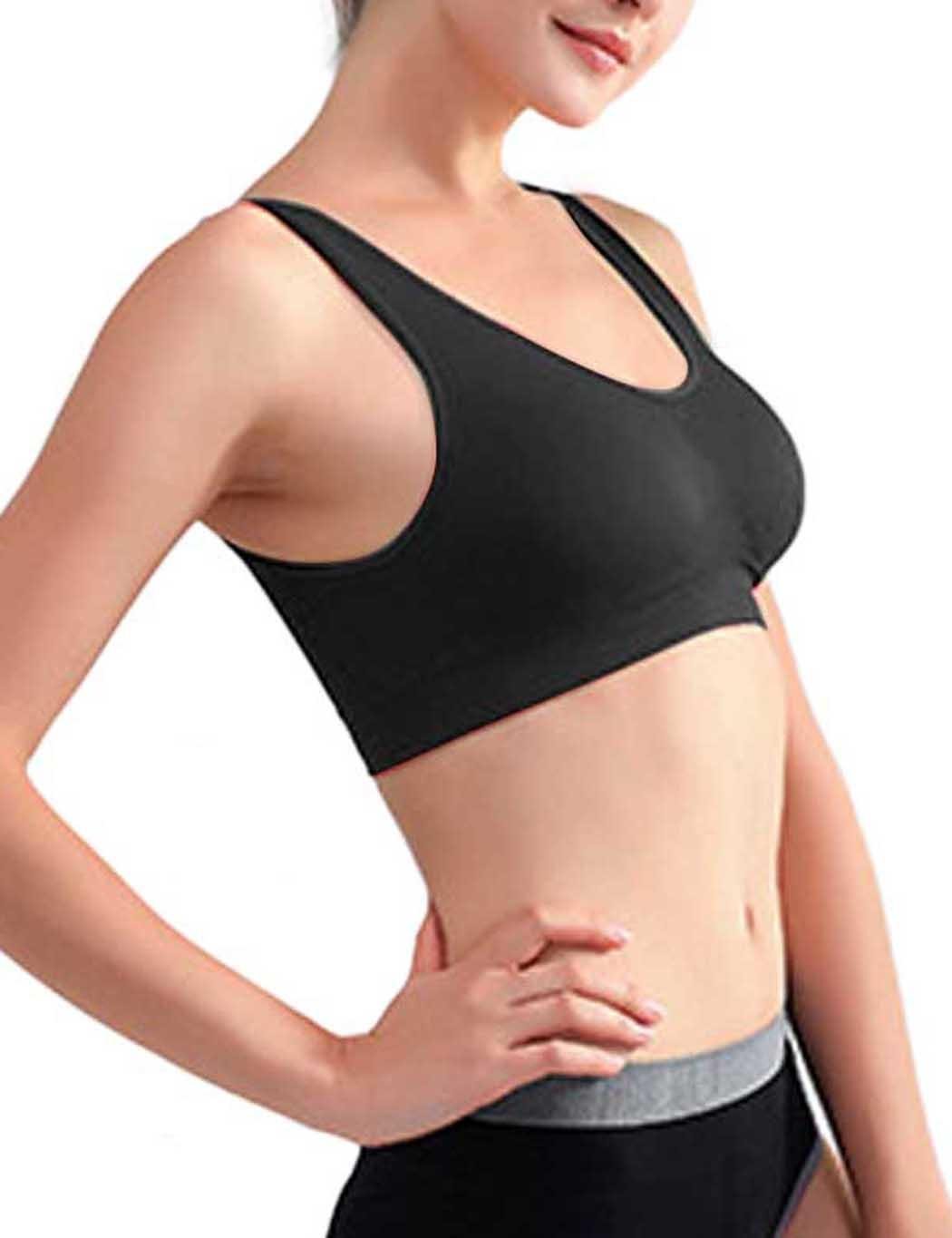 melysUS Women Ladies V-Neck Stretch Wire Free Pure Color Bra Yoga Sports Casual Crop Tops Sleepwear Nightwe Sports Bras Black