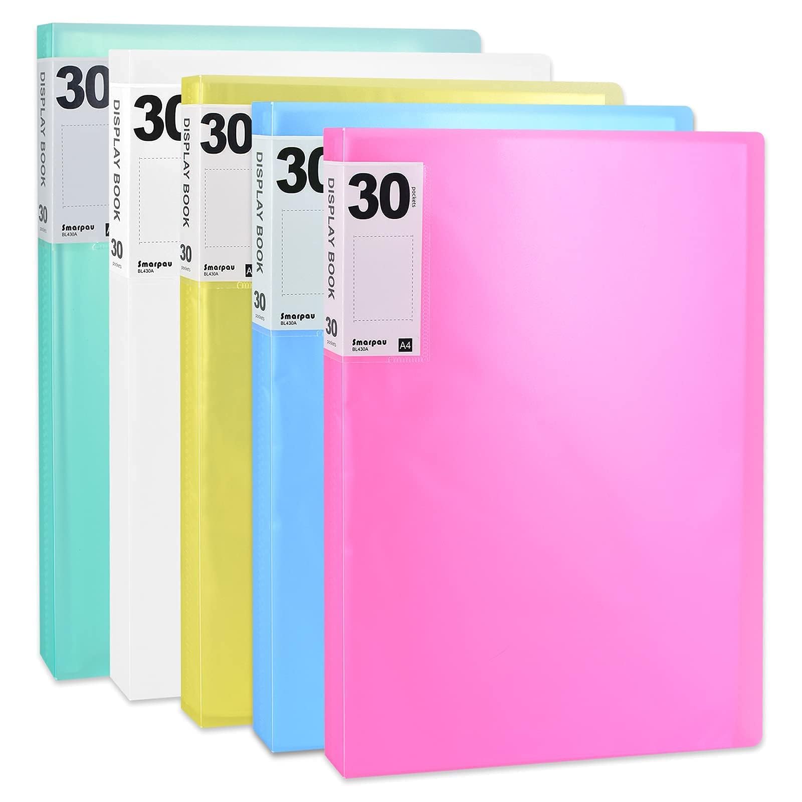 Smarpau 5PCS A4 Display Book, 30 Pockets A4 Display Folders with Plastic Sleeves, Presentation Folders Document Project Folder for Individuals, School and Offices (5 Colours)