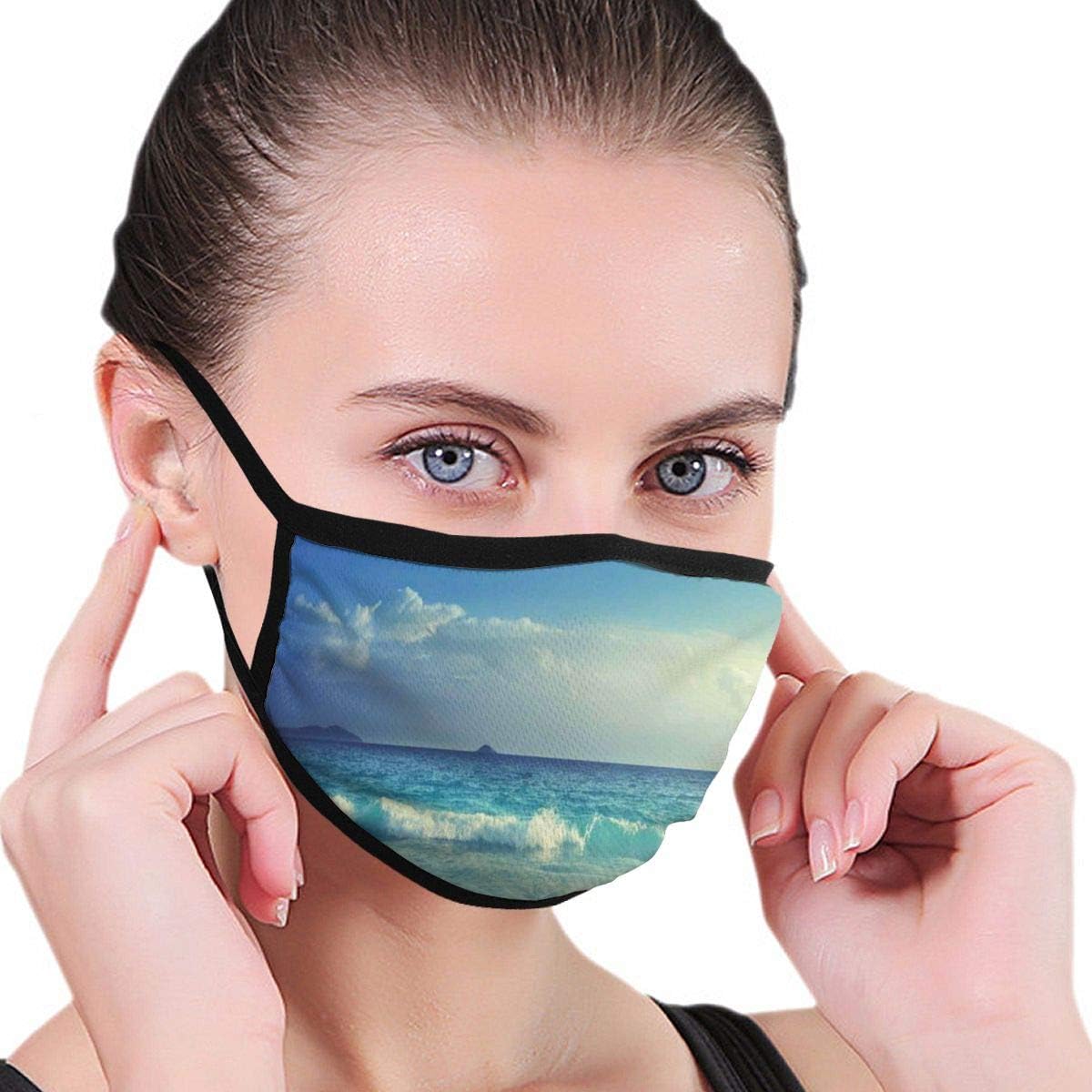Comfortable Windproof mask,Tropical Island Paradise Beach At Sunset Time With Waves And The Misty Sea Image,Printed Facial decorations for Women and Men