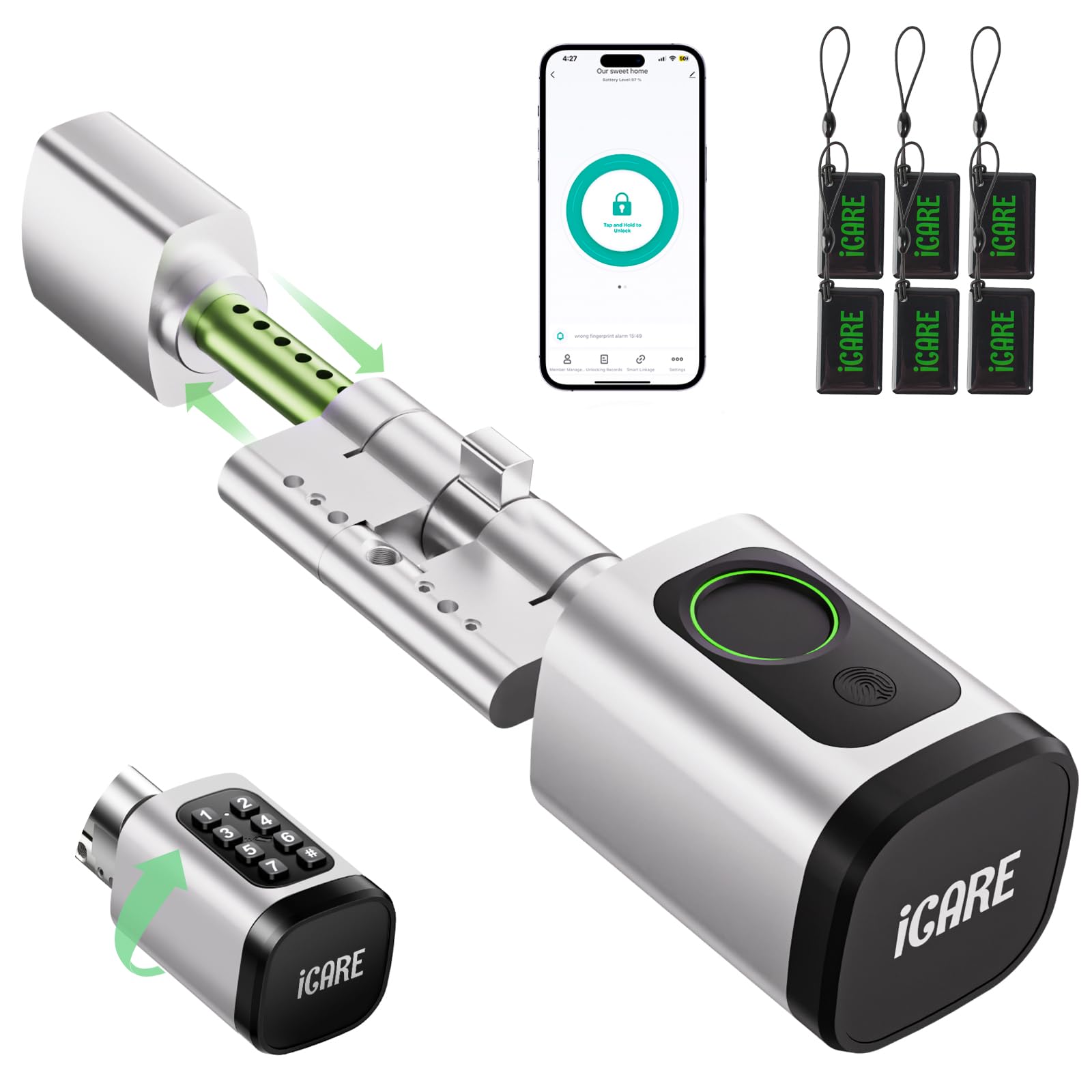 Türschloss Fingerabdruck Smart Lock, Schließzylinder 60-90mm(30/30,45/45), Elektronisches Fingerabdruck Türschloss Haustürschloss mit RFID, App, Bluetooth, Tasten Smart Türschloss mit Zahlencode