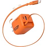 ChubbyCable 65W GaN Wall Charger with Retractable USB C Cable, Orange | Retractable Wall Charger for iPhone 18 Pro Max, 2.3 ft USB C Cable&amp;2 Ports, Multiple Devices Charging Block for iPad, Galaxy