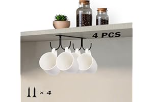 HuaCare 4Pcs Mug Hooks Under Cabinet - Black Coffee Mug Holder with 4 Hooks, Heavy-Duty Metal Cup Hooks for Under Shelf, Spac
