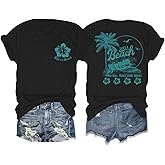 KEEVICI Hawaiian Beach T Shirts for Women Hibiscus Flower Palm Tree Shirt Tropical Graphic Tees Summer Beachy Vacation Tops