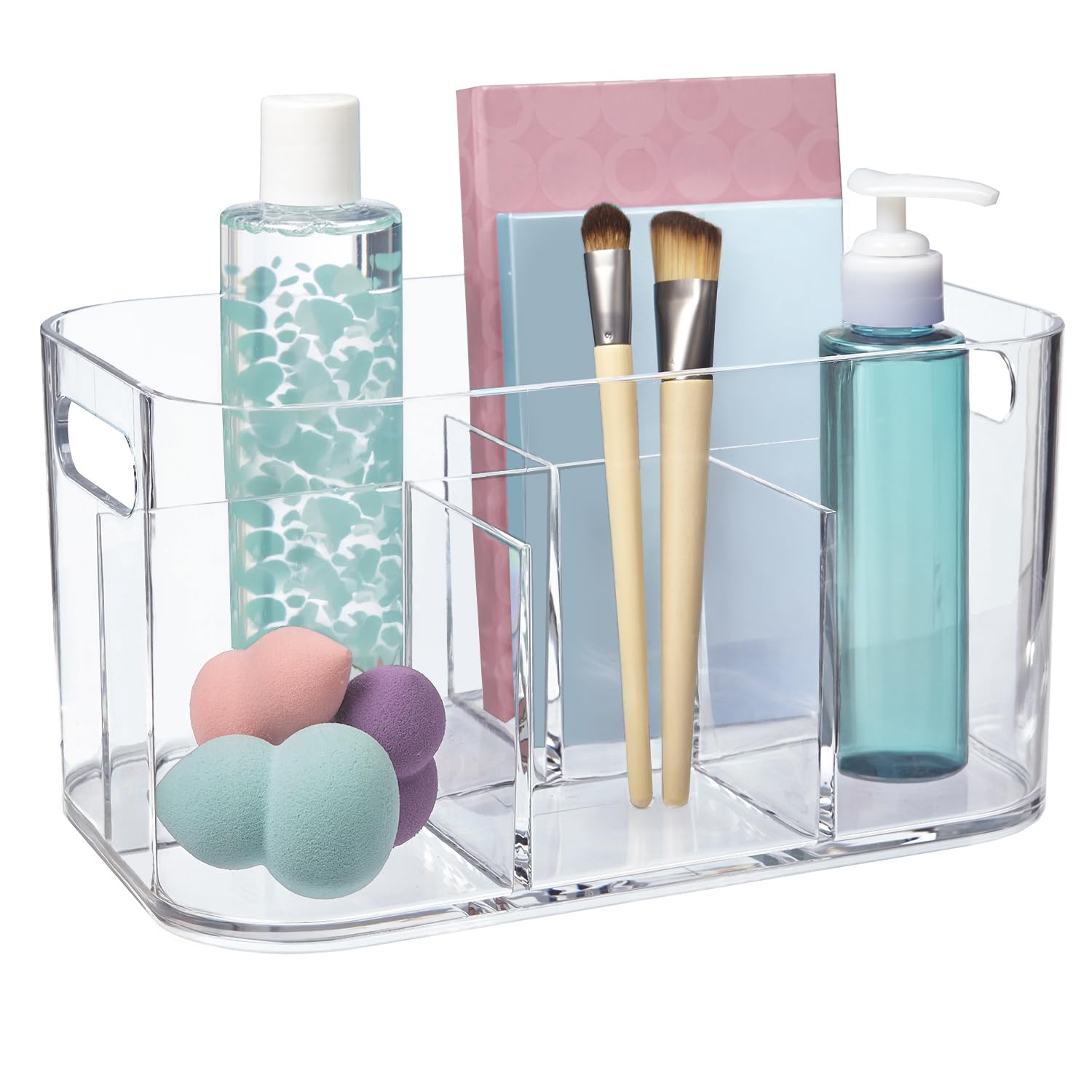 STORi Bliss 5-Compartment Plastic Cosmetic Organizer | Clear | Rectangular Divided Makeup Bin & Vanity Storage Caddy with Pass-Through Handles | Round Corner Design | Made in USA