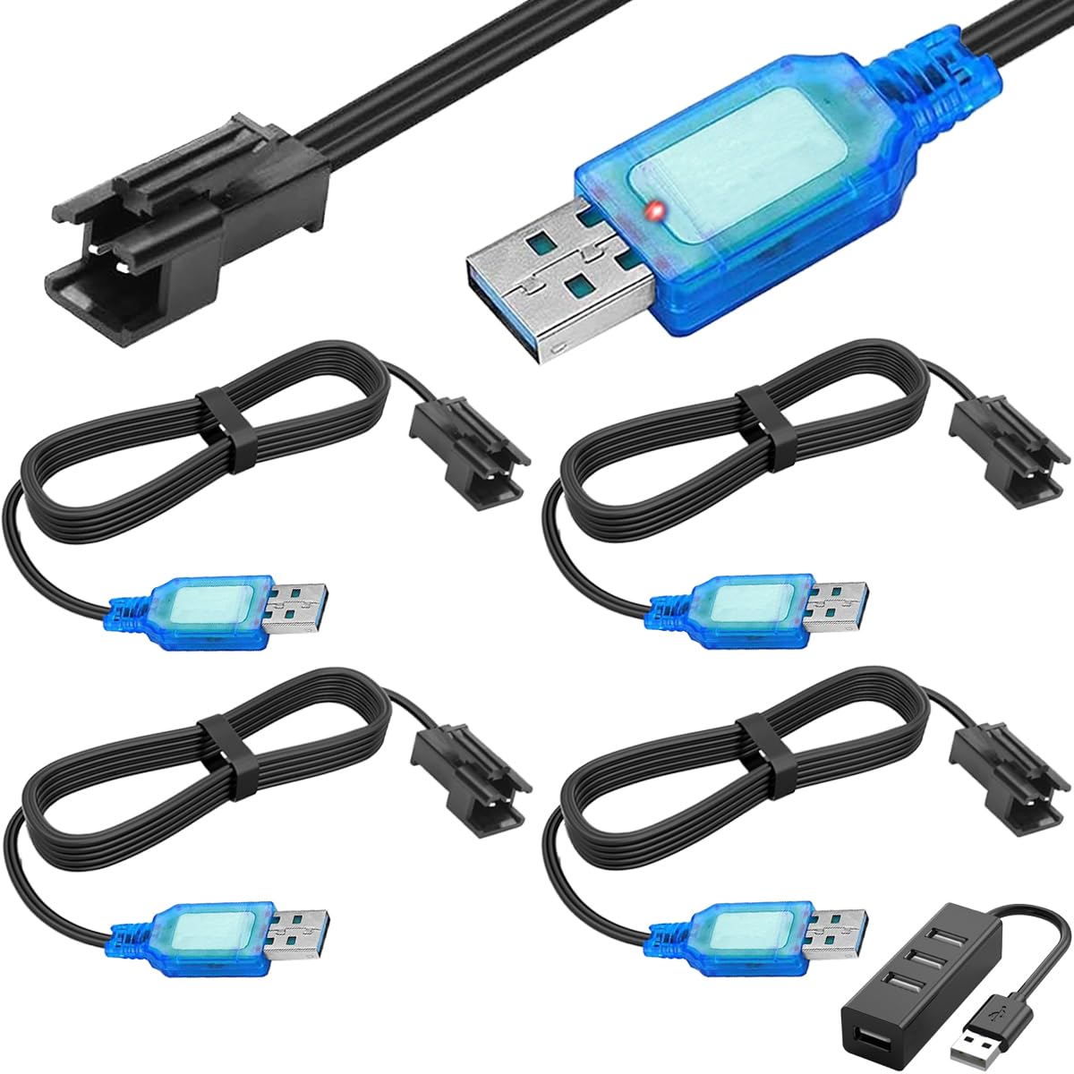 Xiatiaosann 4 Pcs USB to SM-2P 3.7V Charger Cable, 3.7V USB Charger Cable with SM-2P Connector Plug for RC Boat Car Truck Toy Rechargeable Li-Po Battery Charger