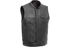 First Mfg Co Sharp Shooter Men's Motorcycle leather Vest - Classic Black Leather, Banded Collar, Covered Snaps