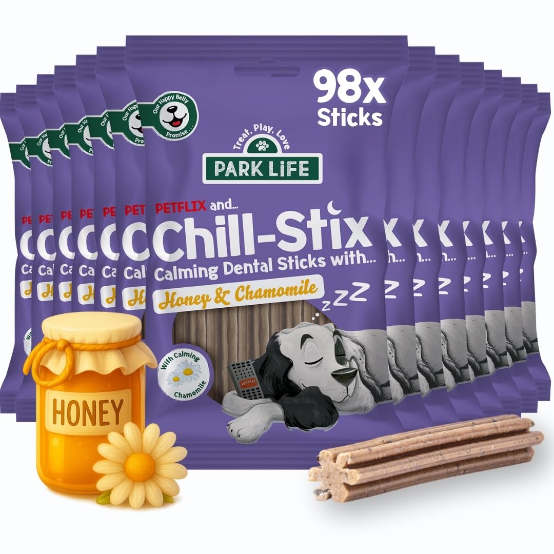 PARK LiFE Chill-Stix Calming Dog Treats with Honey & Chamomile, Grain-Free Dog Calming Biscuits for Anxiety & Relaxation, Puppy Friendly (12+ Weeks), Medium Dogs 10–25kg, 7 Sticks x 14 Packs
