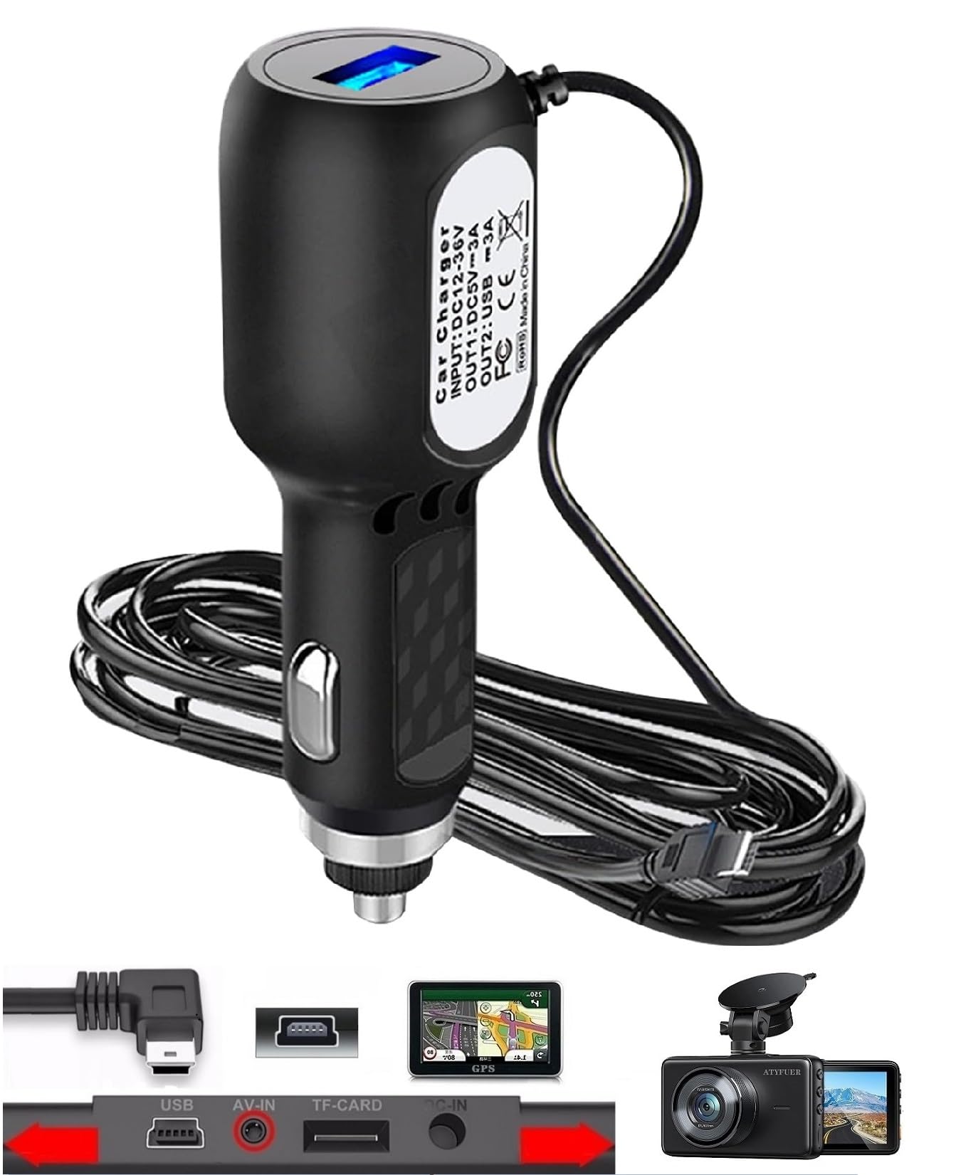 Photo 1 of ATYFUER Dash Cam Charger Cable, 11.5FT Mini USB for 12V-24V Cars & Trucks, 3-in-1 Charging for Dash Cam, GPS Navigator, Mobile Phones & Other Devices
