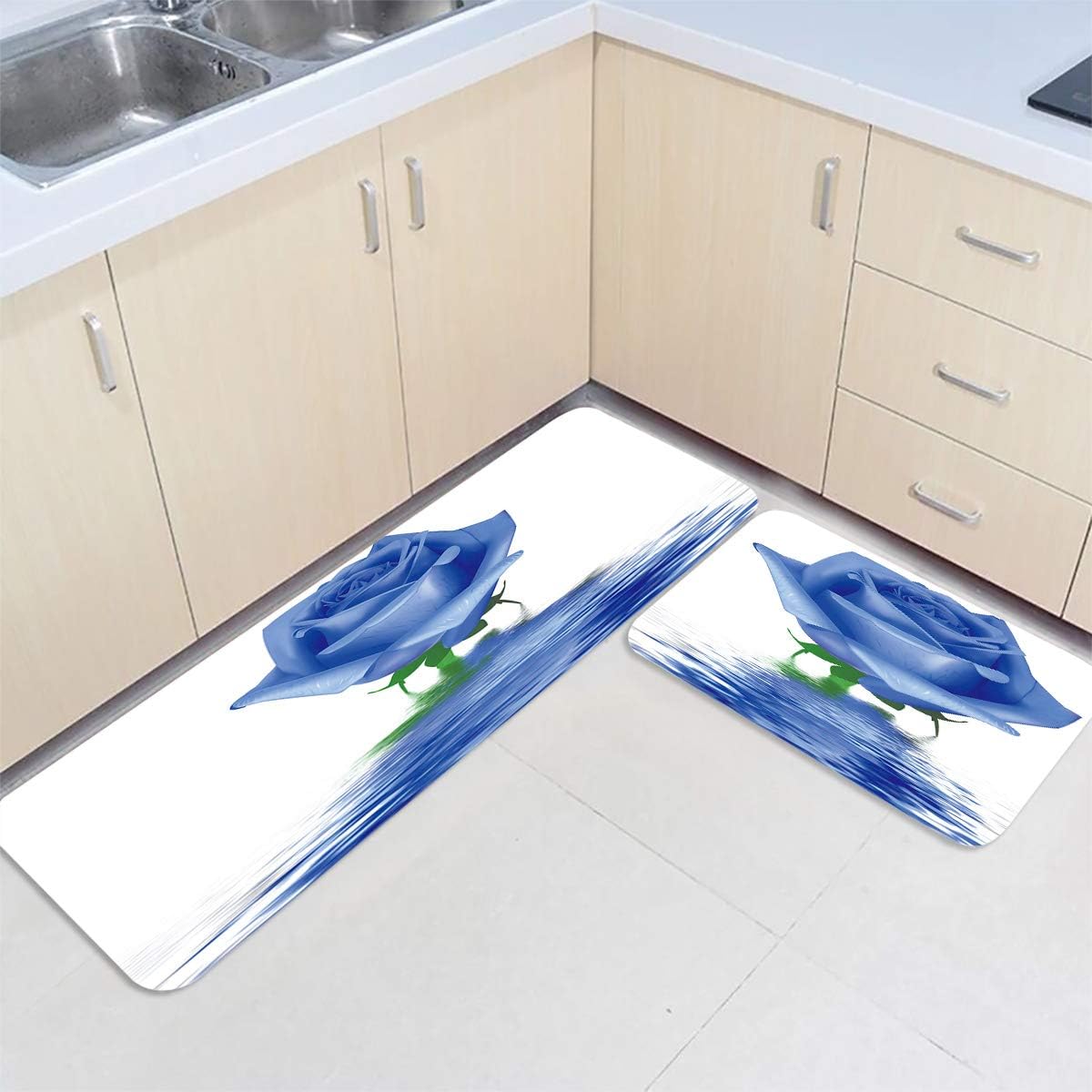 Floral 2 Piece Kitchen Floor Mats for in Front of Sink Washable Non Slip Low
