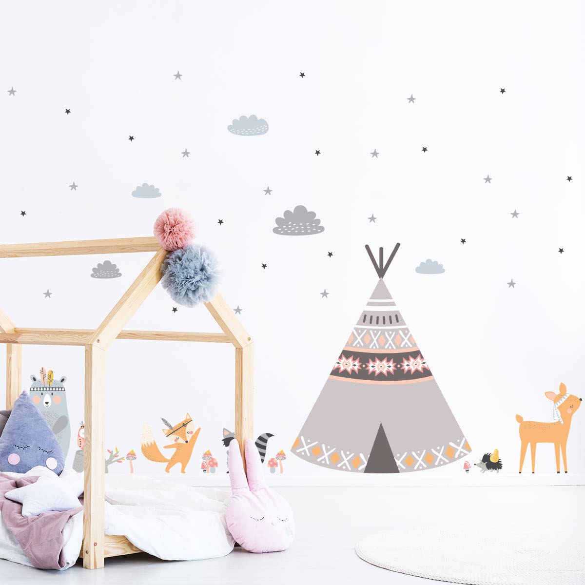 Children's Wall Stickers - Baby Room Decoration - Children's Bedroom Wall Sticker - Fox Scandinavian Animals and Indian Tipis - H60 x L90 cm