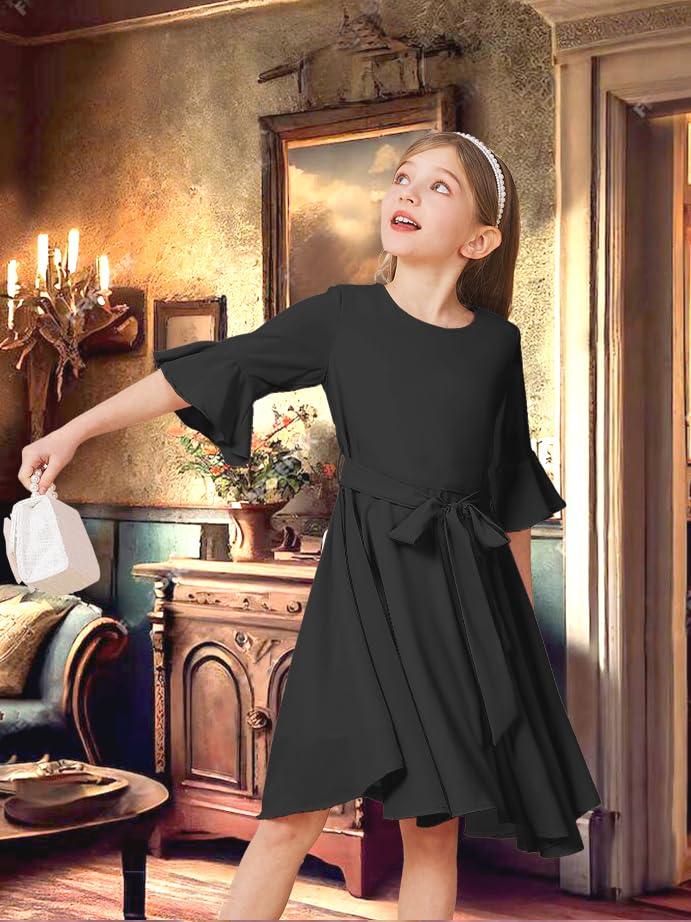WIFFGO Girls Fall Winter Dresses Formal Fashion Belt Fit Knee High Modest Big Kids Midi Teen Dresses Outfits