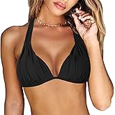 Hilor Women's Goddess Halter Bikini Top Ruched Swim Top Triangle Bikini Bathing Suits Swimwear